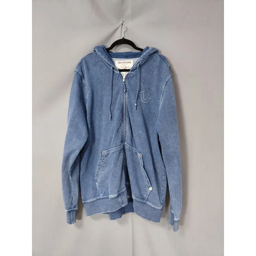 True Religion Blue Knit Full Zip Hoodie Graphic Sweatshirt Men Size XL